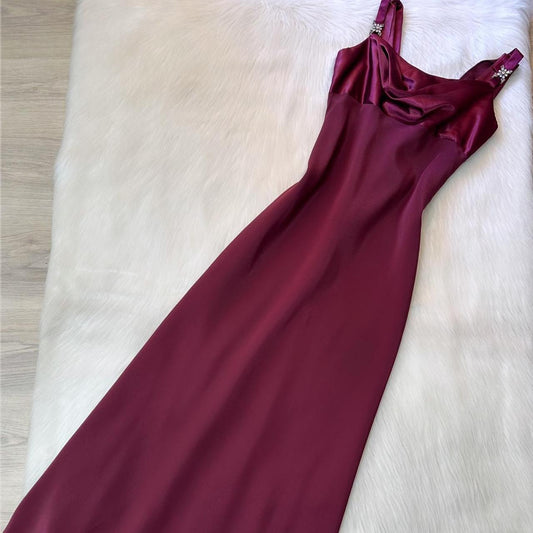Fairy Strap Sheath Long Prom Dresses Vintage Chiffon Grape Formal Dresses Wedding Guest Dresses EP04754