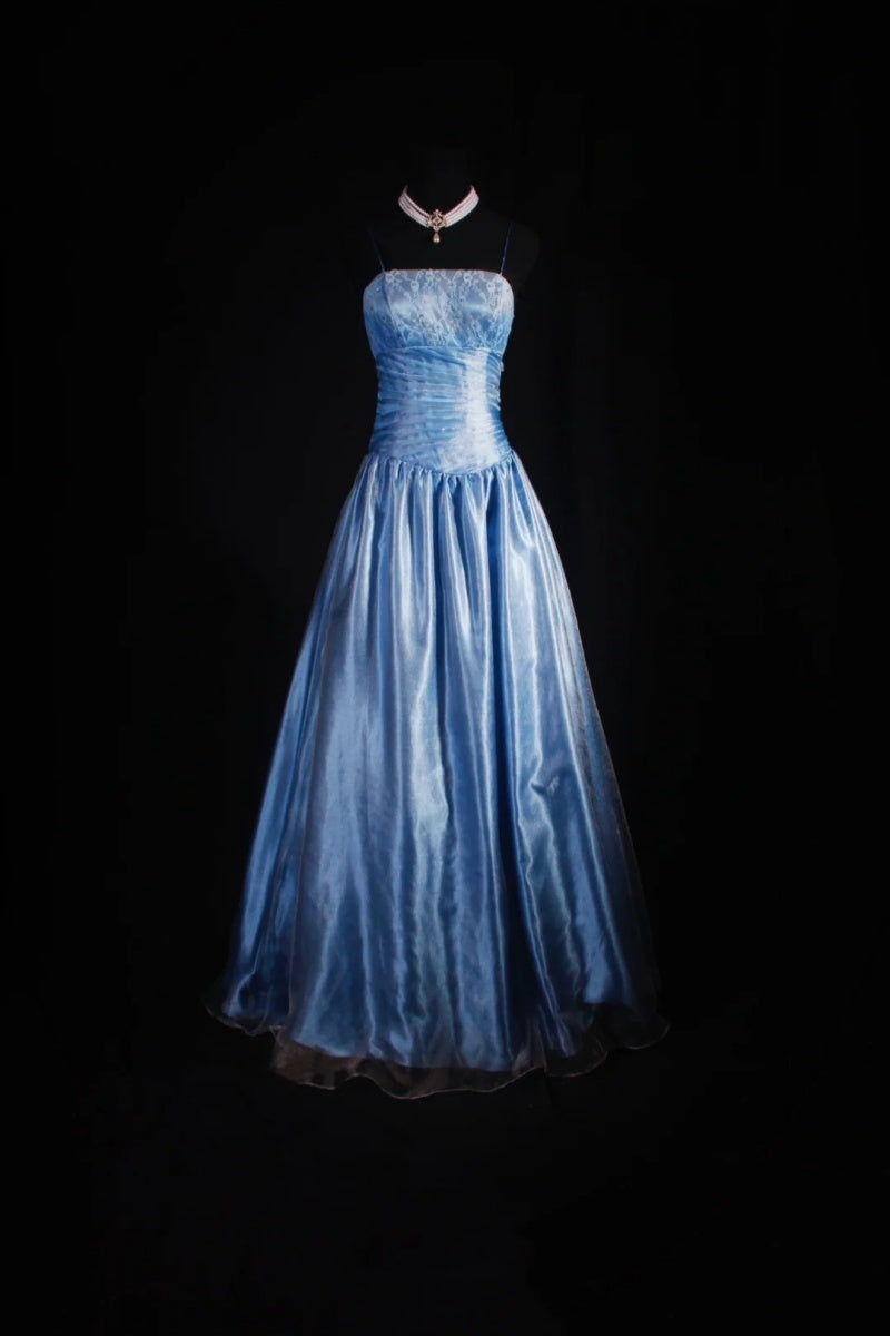 Chic Spaghetti Strap A-Line Long Prom Dresses Lace Satin Gray Blue Formal Dresses EP04771