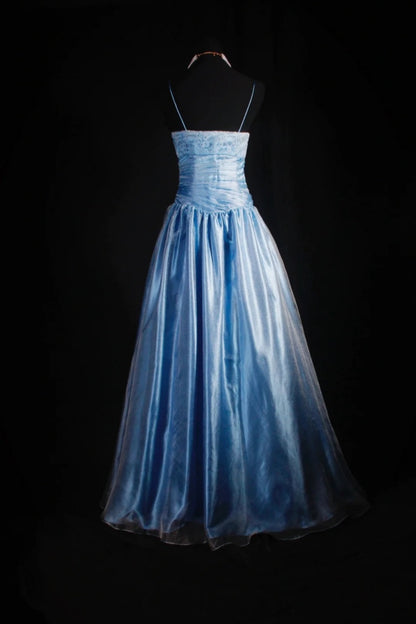 Chic Spaghetti Strap A-Line Long Prom Dresses Lace Satin Gray Blue Formal Dresses EP04771