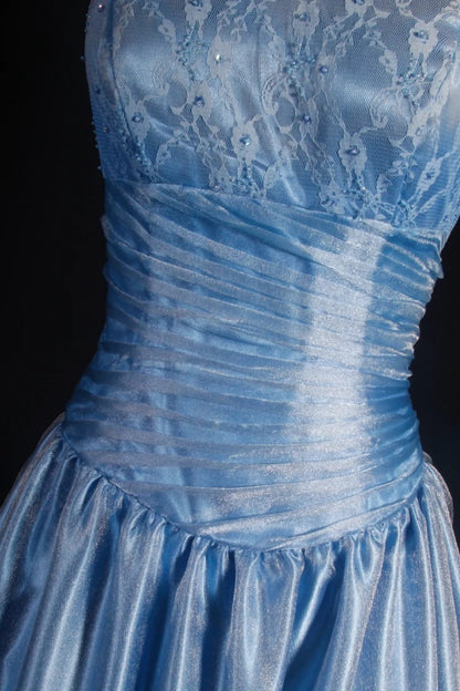 Chic Spaghetti Strap A-Line Long Prom Dresses Lace Satin Gray Blue Formal Dresses EP04771