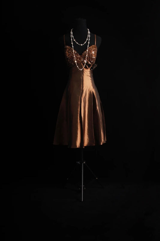 Vintage Spaghetti Strap A-Line Short Prom Dresses Satin Brown Formal Dresses Sequin Homecoming Dresses EP04772