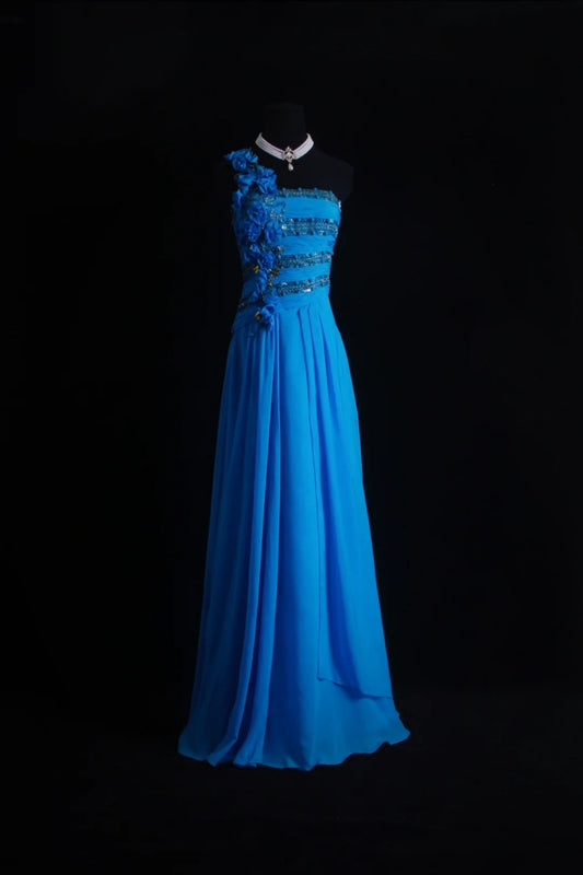 Elegant One Shoulder Sheath Long Prom Dresses Chiffon Blue Formal Dresses Beaded Wedding Guest Dresses EP04773