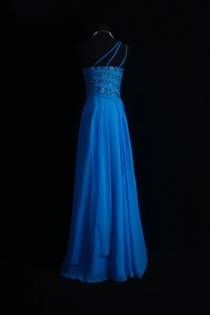 Elegant One Shoulder Sheath Long Prom Dresses Chiffon Blue Formal Dresses Beaded Wedding Guest Dresses EP04773