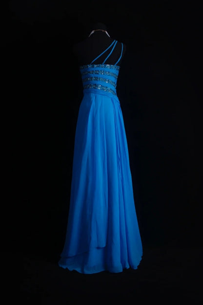 Elegant One Shoulder Sheath Long Prom Dresses Chiffon Blue Formal Dresses Beaded Wedding Guest Dresses EP04773