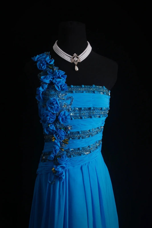 Elegant One Shoulder Sheath Long Prom Dresses Chiffon Blue Formal Dresses Beaded Wedding Guest Dresses EP04773