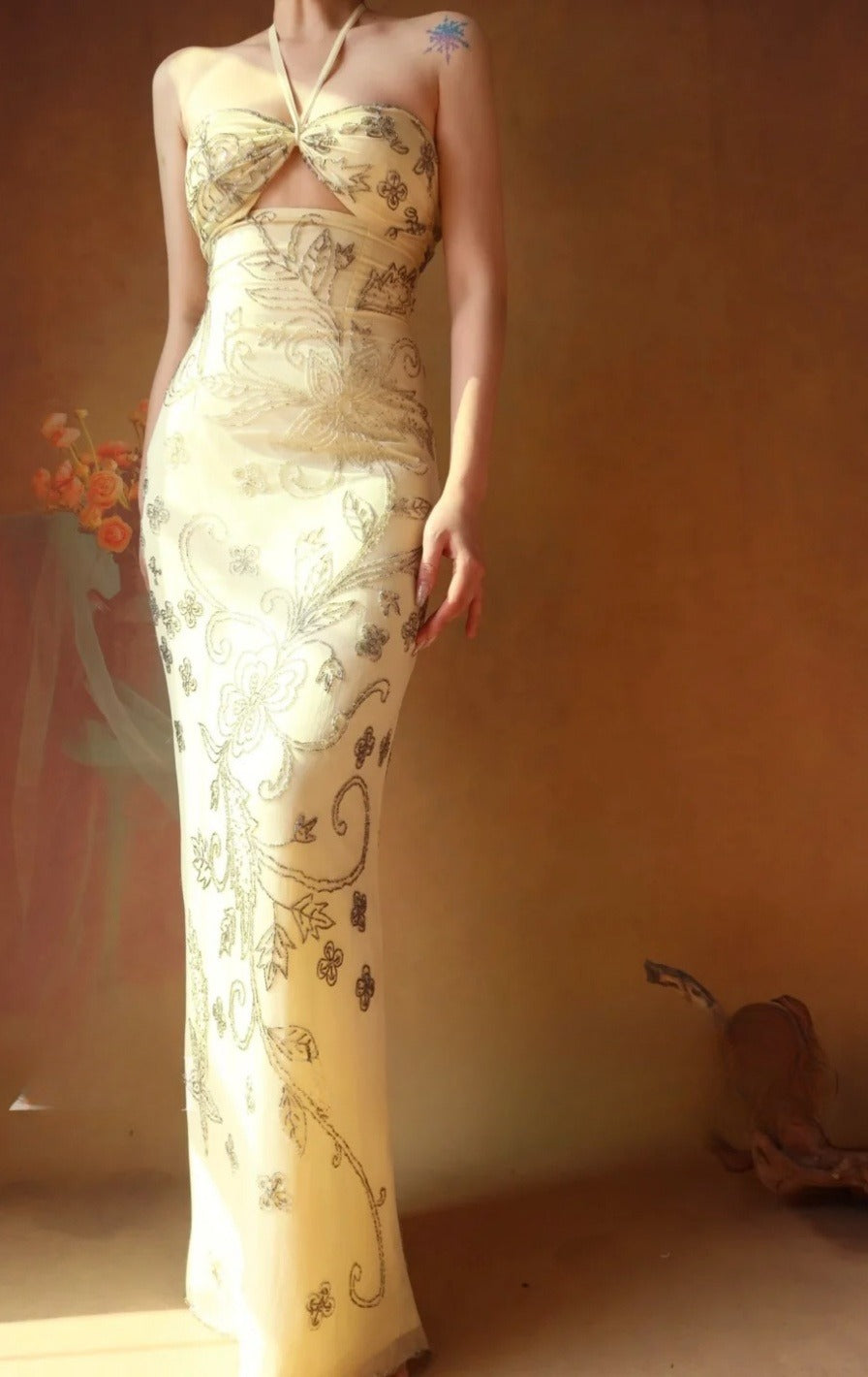 Vintage Halter Neck Sheath Long Prom Dresses Chiffon Yellow Evening Gownss Beaded Wedding Guest Dresses EP04774