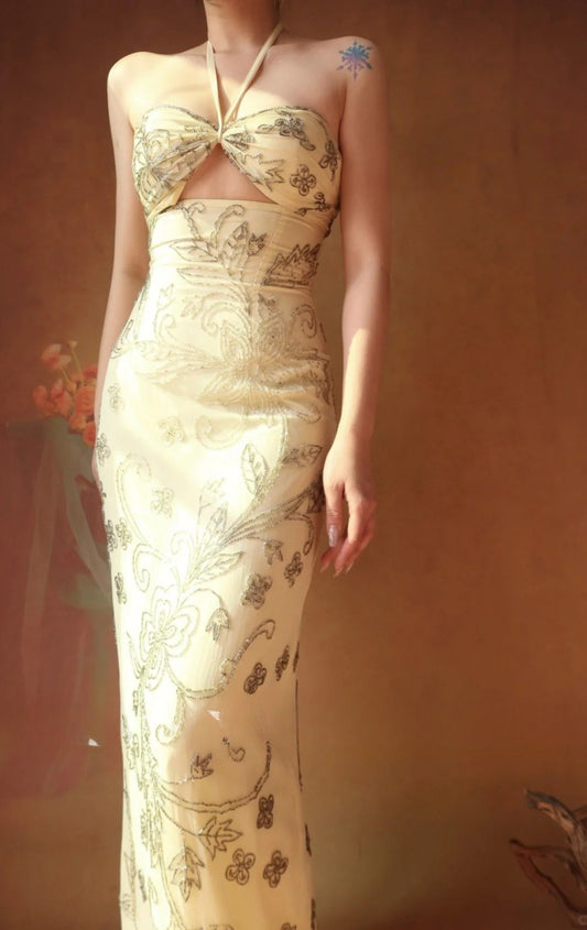 Vintage Halter Neck Sheath Long Prom Dresses Chiffon Yellow Evening Gownss Beaded Wedding Guest Dresses EP04774