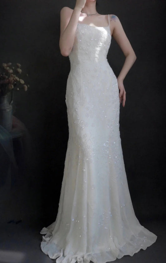 Vintage Spaghetti Strap Sheath Long Prom Dresses Chiffon Beaded White Evening Dresses EP04775
