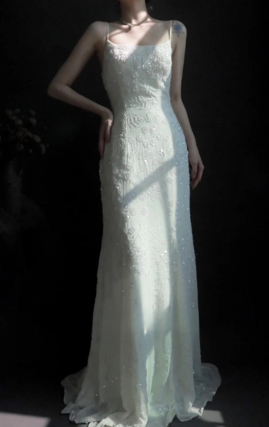 Vintage Spaghetti Strap Sheath Long Prom Dresses Chiffon Beaded White Evening Dresses EP04775
