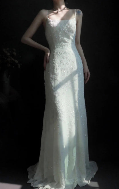 Vintage Spaghetti Strap Sheath Long Prom Dresses Chiffon Beaded White Evening Dresses EP04775