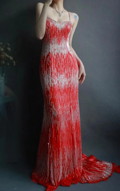 Gorgeous Spaghetti Strap Mermaid Long Prom Dresses Chiffon Beaded Red Evening Dresses EP04776