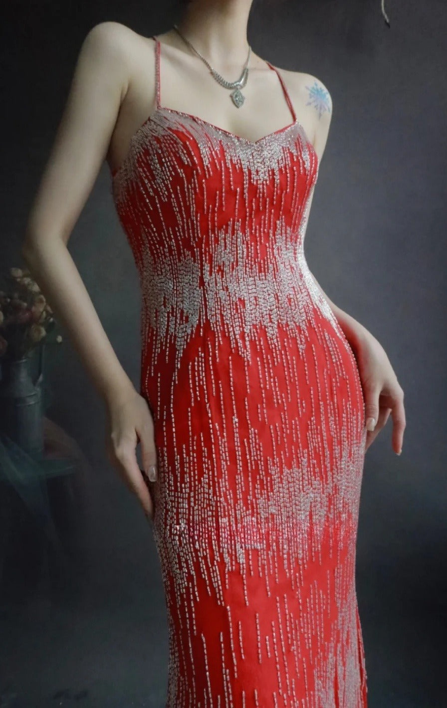 Gorgeous Spaghetti Strap Mermaid Long Prom Dresses Chiffon Beaded Red Evening Dresses EP04776