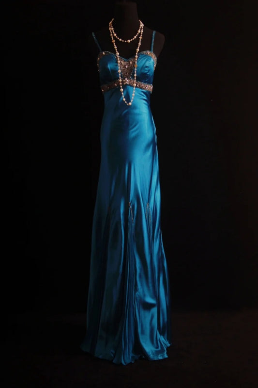 Glam Spaghetti Strap Sheath Long Prom Dresses Satin Blue Evening Dresses EP04777
