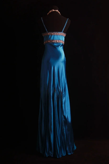 Glam Spaghetti Strap Sheath Long Prom Dresses Satin Blue Evening Dresses EP04777
