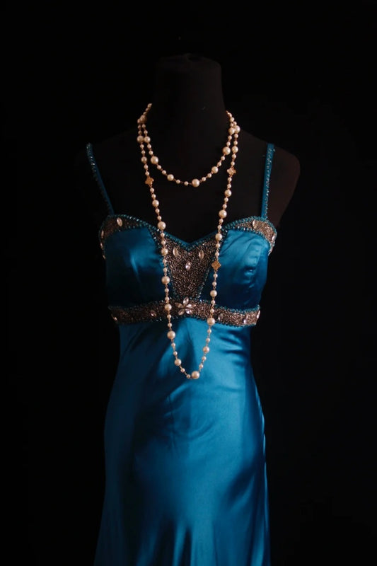 Glam Spaghetti Strap Sheath Long Prom Dresses Satin Blue Evening Dresses EP04777
