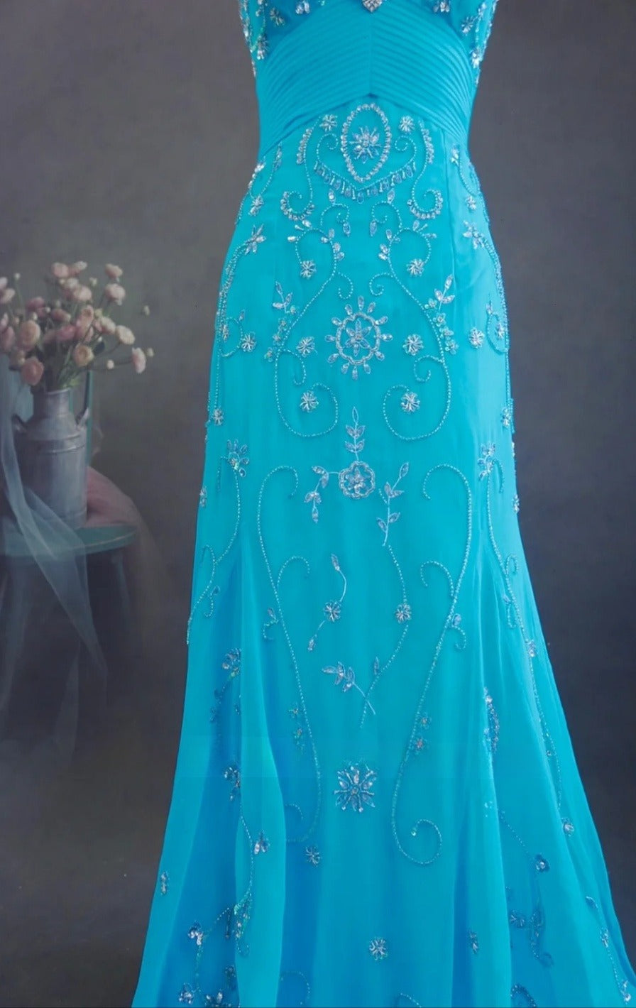 Fairy Spaghetti Strap Sheath Long Prom Dresses Beaded Chiffon Blue Evening Dresses EP04778