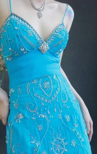 Fairy Spaghetti Strap Sheath Long Prom Dresses Beaded Chiffon Blue Evening Dresses EP04778
