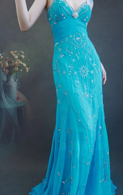 Fairy Spaghetti Strap Sheath Long Prom Dresses Beaded Chiffon Blue Evening Dresses EP04778