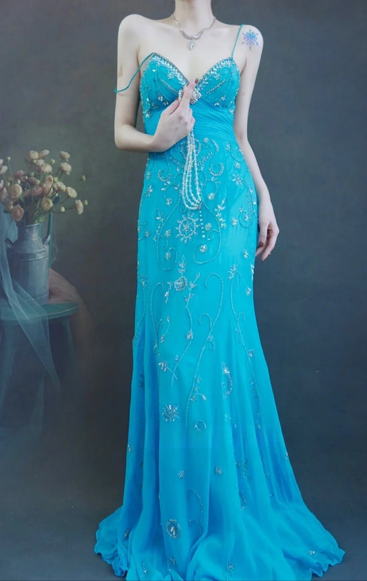 Fairy Spaghetti Strap Sheath Long Prom Dresses Beaded Chiffon Blue Evening Dresses EP04778