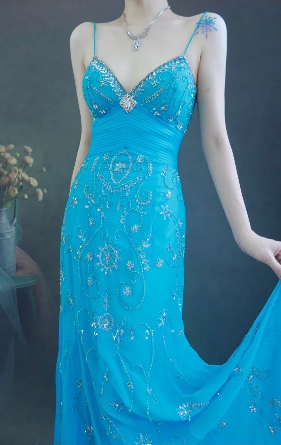 Fairy Spaghetti Strap Sheath Long Prom Dresses Beaded Chiffon Blue Evening Dresses EP04778