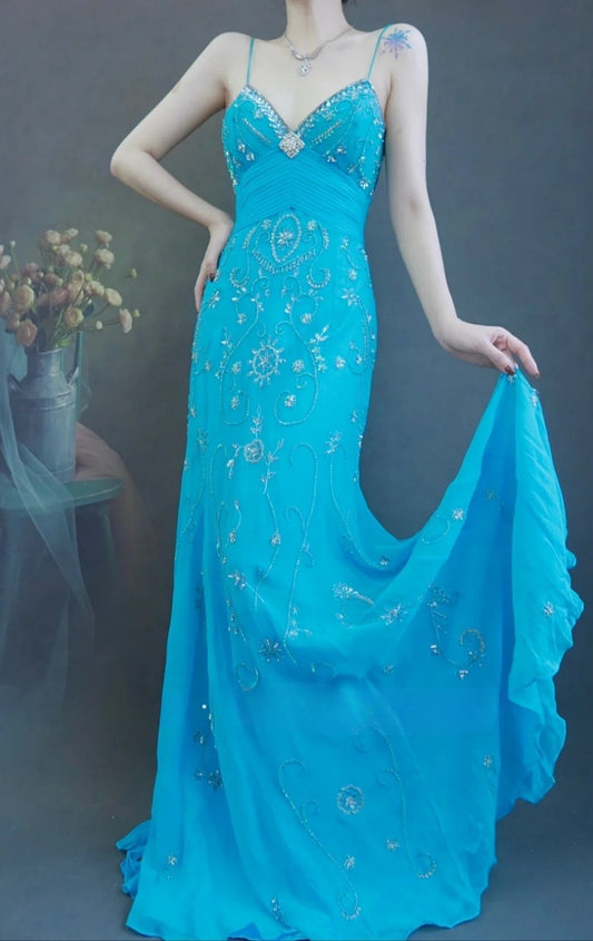 Fairy Spaghetti Strap Sheath Long Prom Dresses Beaded Chiffon Blue Evening Dresses EP04778