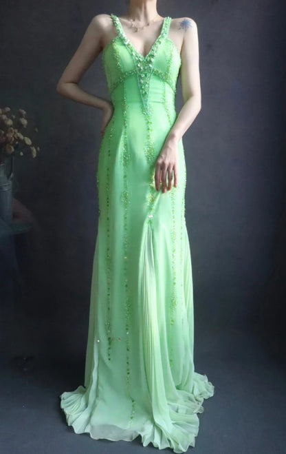 Fairy V neck Sheath Long Prom Dresses Beaded Chiffon Green Evening Dresses EP04780