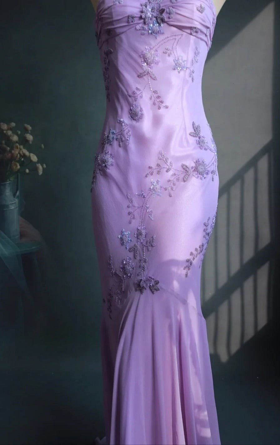 Fairy Spaghetti Strap Mermaid Long Prom Dresses Beaded Chiffon Lavender Long Evening Dresses EP04781