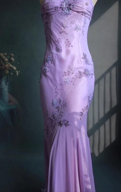 Fairy Spaghetti Strap Mermaid Long Prom Dresses Beaded Chiffon Lavender Long Evening Dresses EP04781