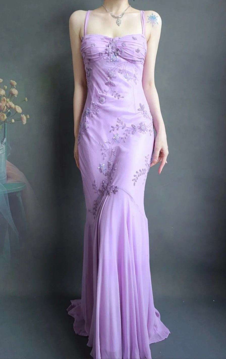 Fairy Spaghetti Strap Mermaid Long Prom Dresses Beaded Chiffon Lavender Long Evening Dresses EP04781