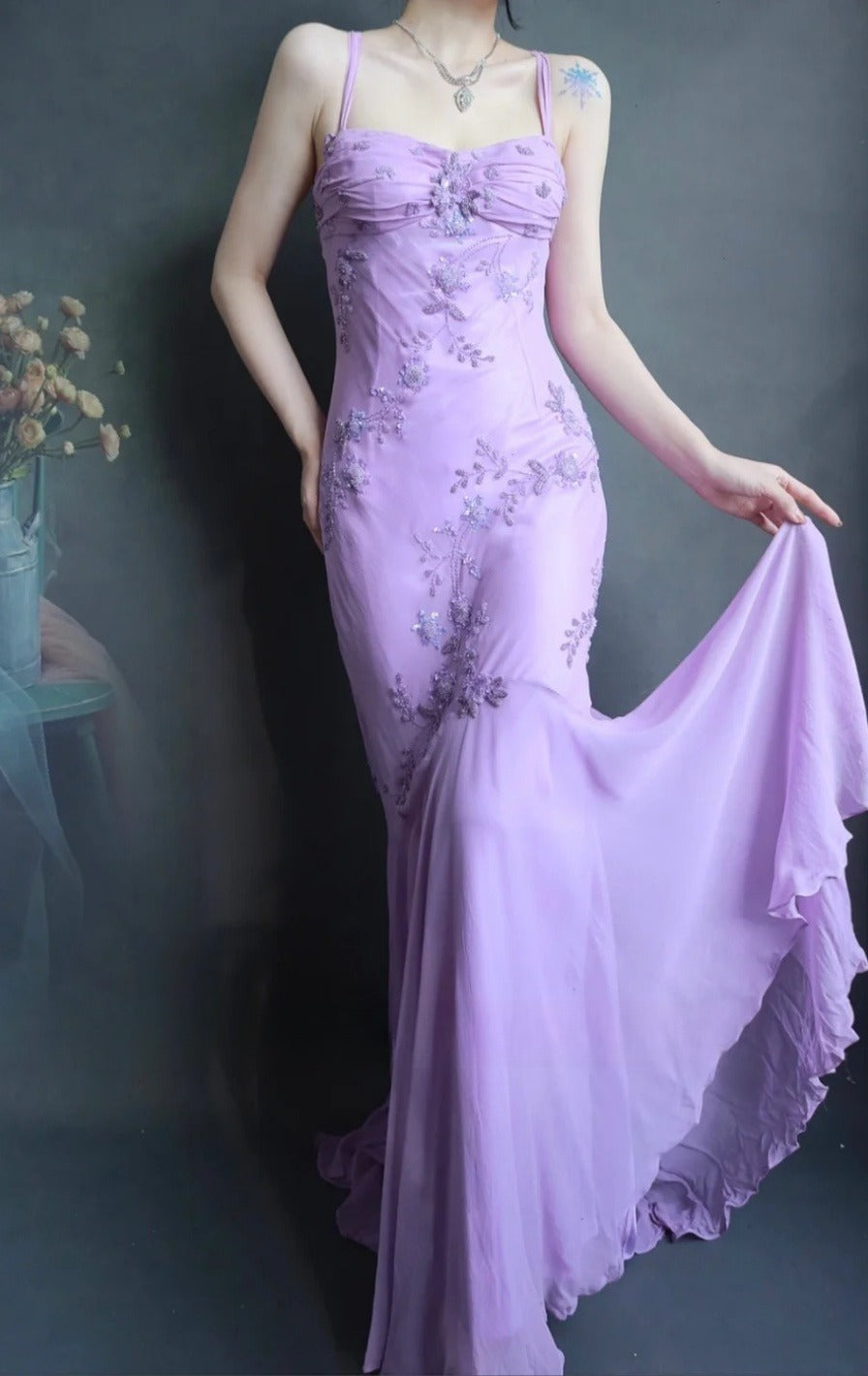 Fairy Spaghetti Strap Mermaid Long Prom Dresses Beaded Chiffon Lavender Long Evening Dresses EP04781