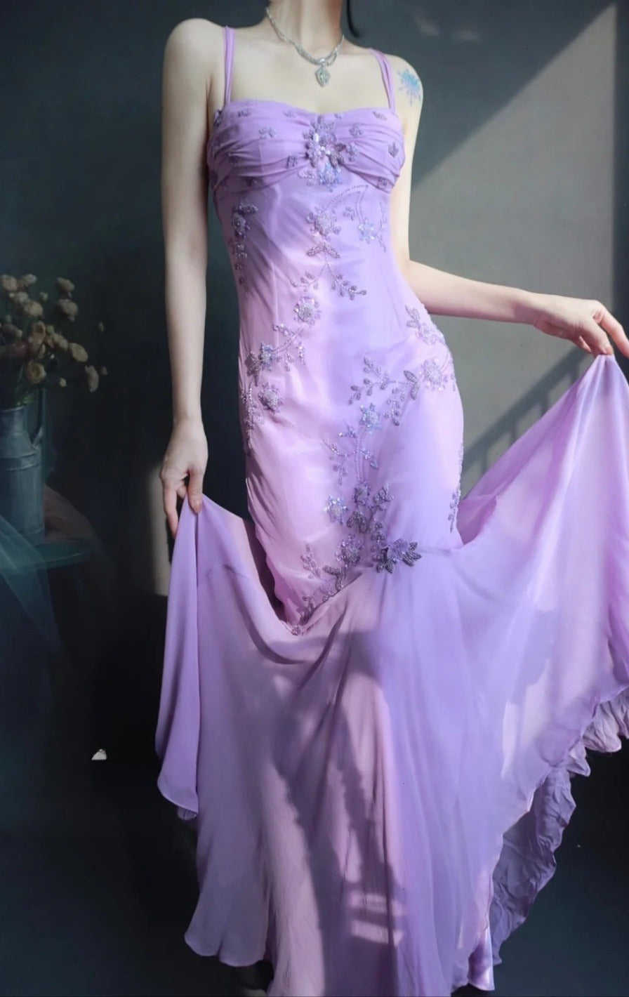 Fairy Spaghetti Strap Mermaid Long Prom Dresses Beaded Chiffon Lavender Long Evening Dresses EP04781