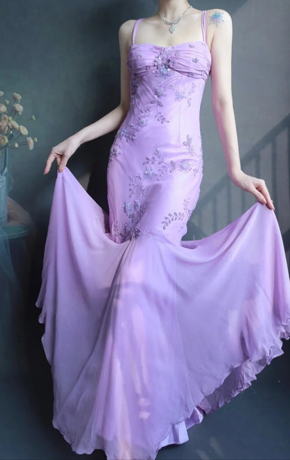 Fairy Spaghetti Strap Mermaid Long Prom Dresses Beaded Chiffon Lavender Long Evening Dresses EP04781