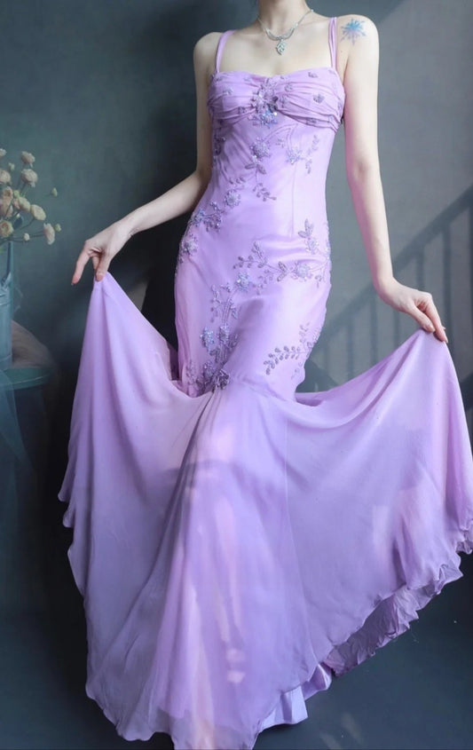 Fairy Spaghetti Strap Mermaid Long Prom Dresses Beaded Chiffon Lavender Long Evening Dresses EP04781