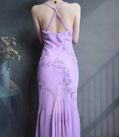 Fairy Spaghetti Strap Mermaid Long Prom Dresses Beaded Chiffon Lavender Long Evening Dresses EP04781