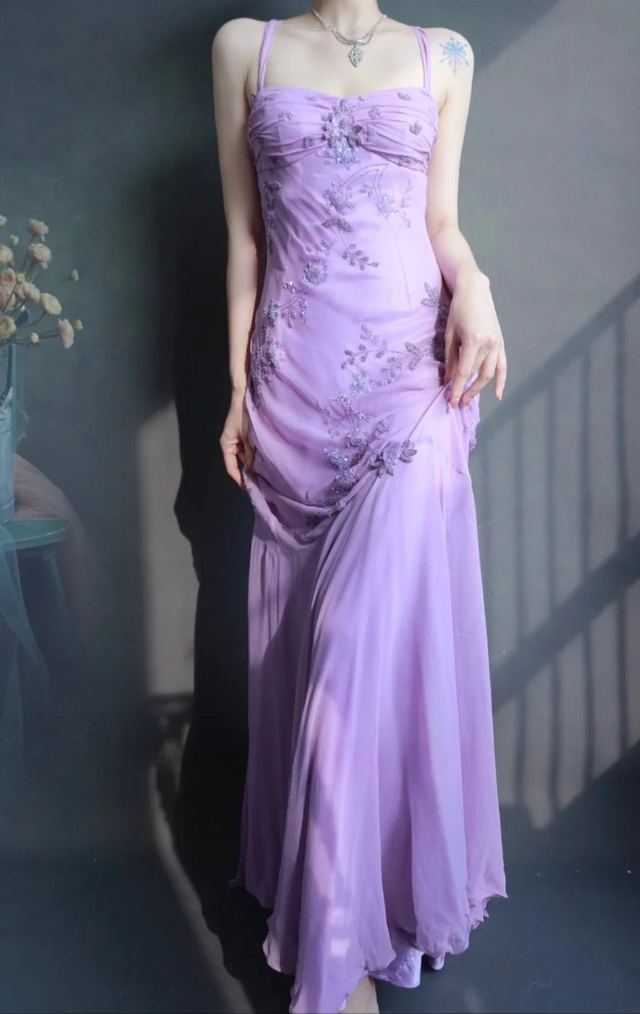 Fairy Spaghetti Strap Mermaid Long Prom Dresses Beaded Chiffon Lavender Long Evening Dresses EP04781