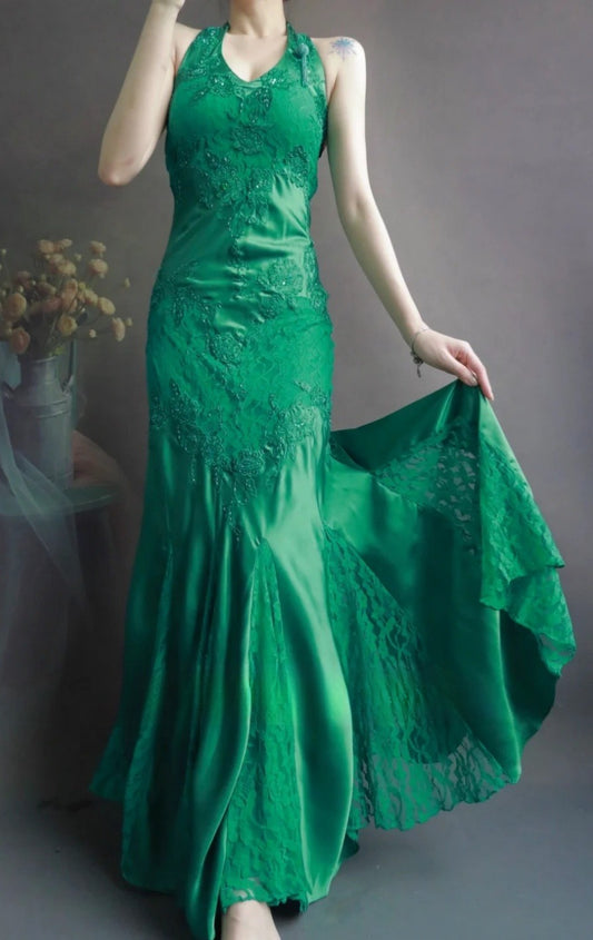 Gorgeous Spaghetti Strap Mermaid Long Prom Dresses Lace Applique Green Evening Dresses with Open Back EP04782