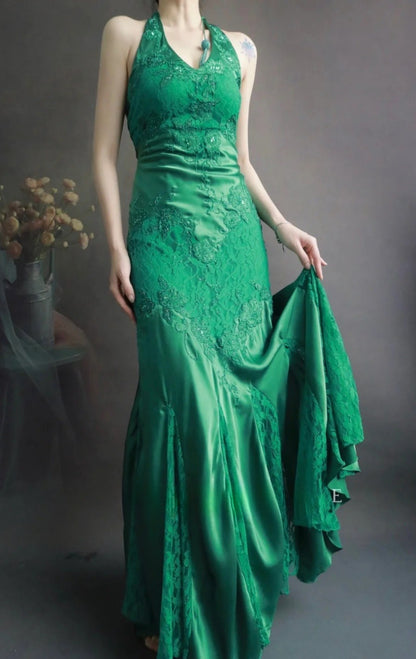 Gorgeous Spaghetti Strap Mermaid Long Prom Dresses Lace Applique Green Evening Dresses with Open Back EP04782