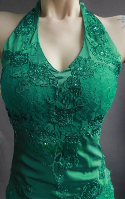 Gorgeous Spaghetti Strap Mermaid Long Prom Dresses Lace Applique Green Evening Dresses with Open Back EP04782
