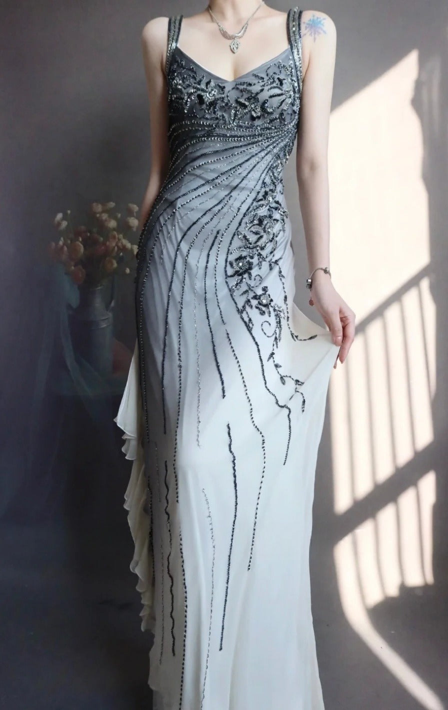 Elegant V Neck Sheath Long Prom Dresses Beaded Chiffon Evening Dresses EP04783