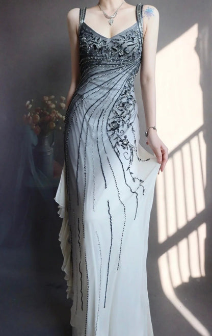 Elegant V Neck Sheath Long Prom Dresses Beaded Chiffon Evening Dresses EP04783