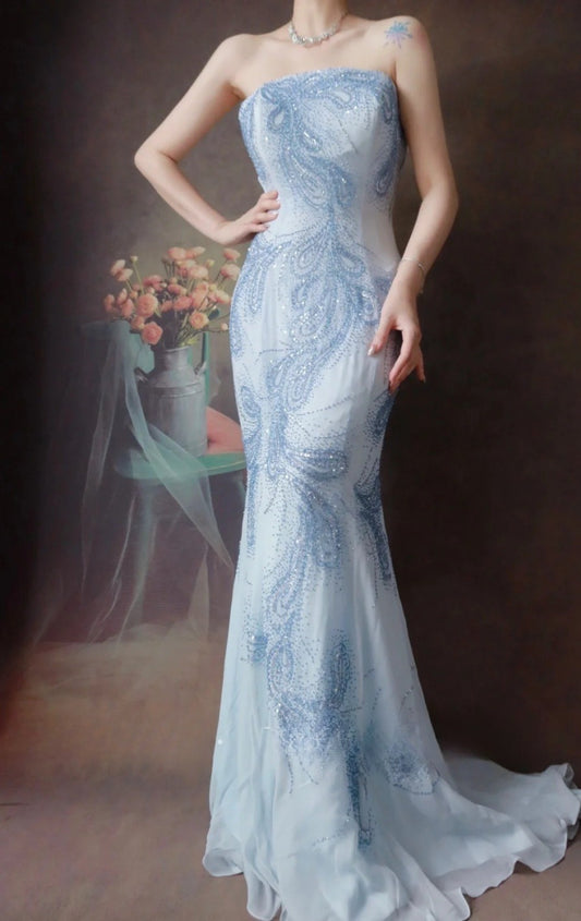 Vintage Strapless Mermaid Long Prom Dresses Beaded Chiffon Light Gray Blue Evening Dresses EP04785