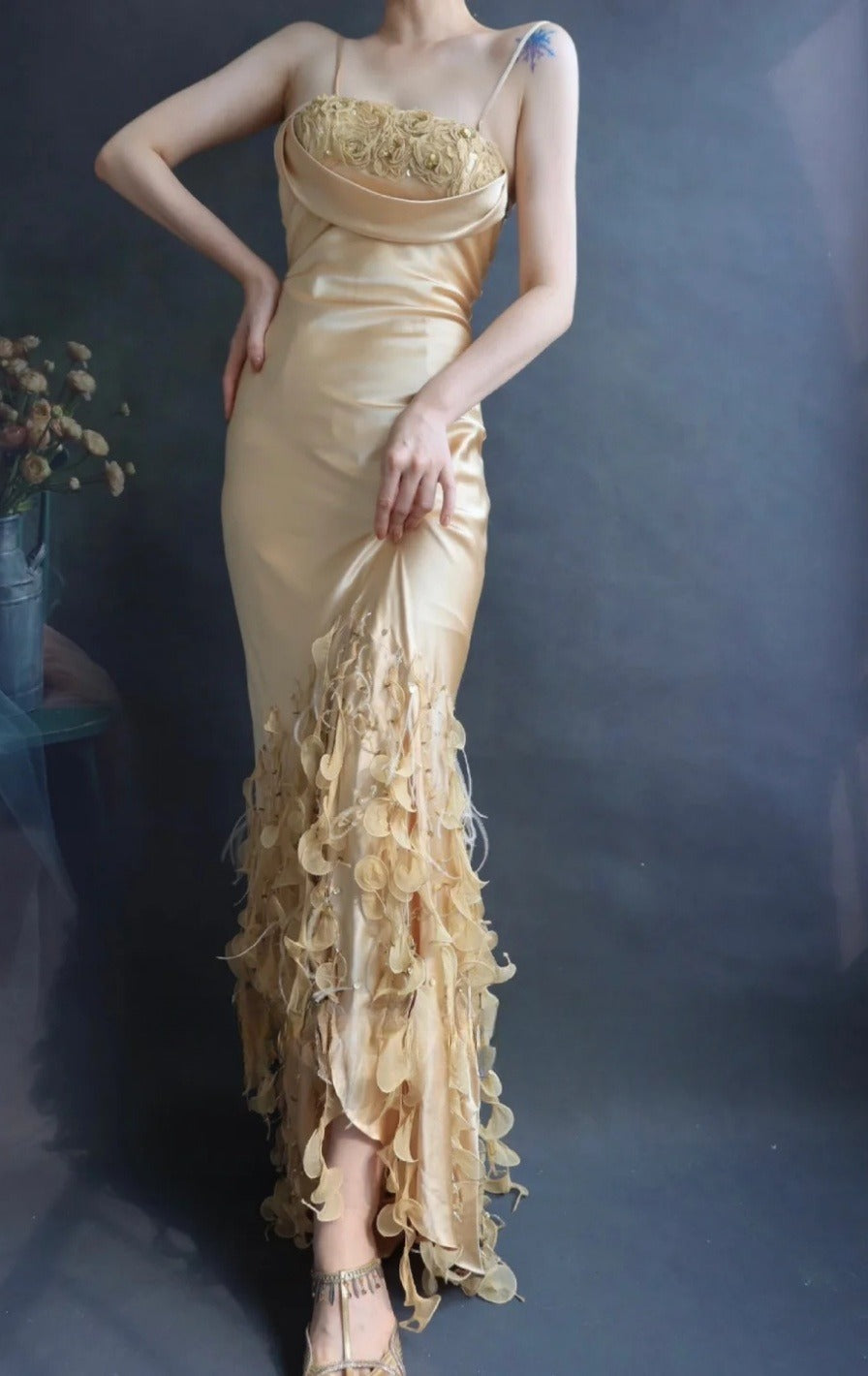 Chic Spaghetti Strap Bodycon Long Prom Dresses Taffeta Gold Evening Dresses EP04787