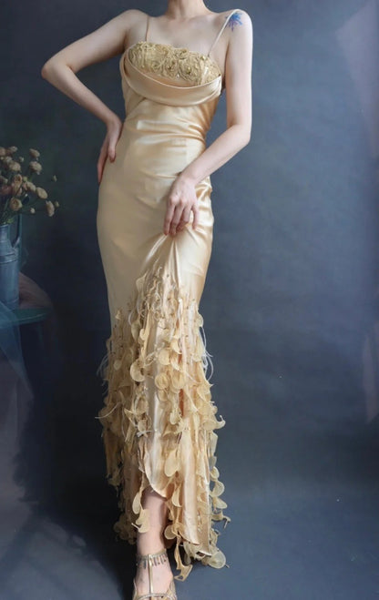 Chic Spaghetti Strap Bodycon Long Prom Dresses Taffeta Gold Evening Dresses EP04787