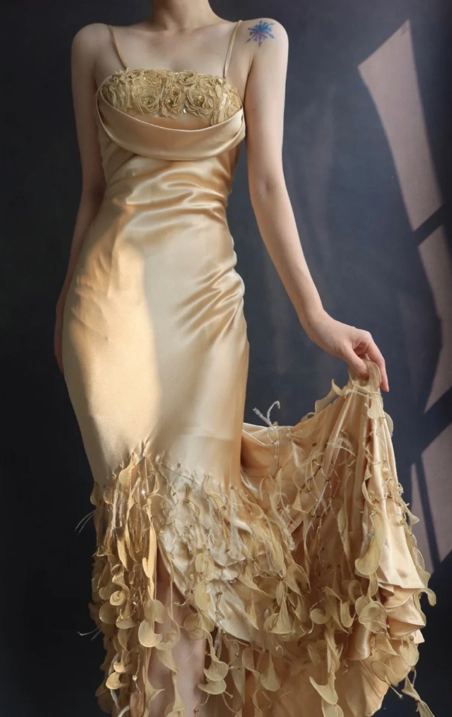 Chic Spaghetti Strap Bodycon Long Prom Dresses Taffeta Gold Evening Dresses EP04787