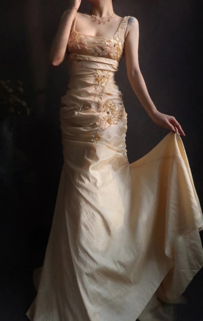 Vintage Square Neck Sheath Long Prom Dresses Beaded Taffeta Yellow Evening Dresses EP04788