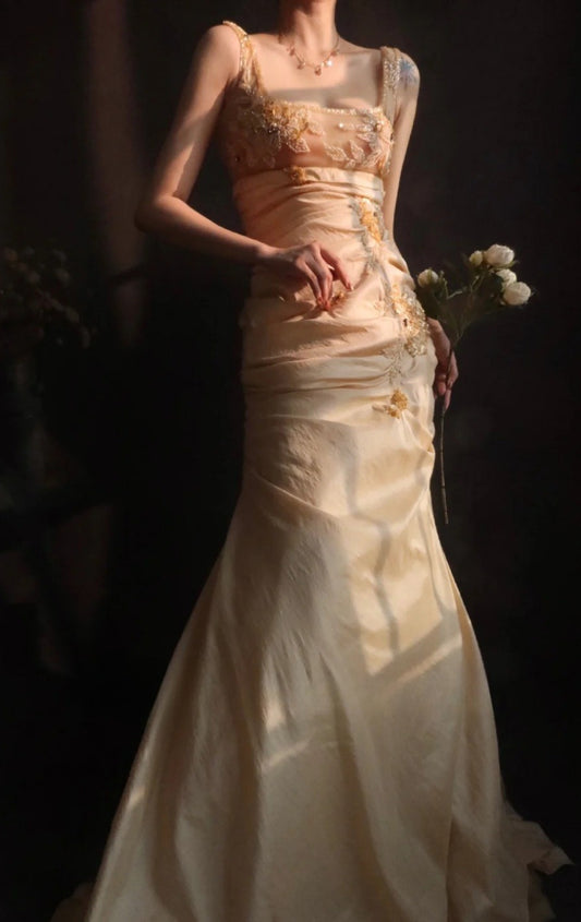 Vintage Square Neck Sheath Long Prom Dresses Beaded Taffeta Yellow Evening Dresses EP04788