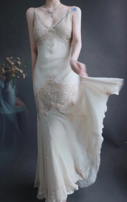 Elegant V-neck Mermaid Long Prom Dresses Beaded Chiffon Evening Dresses EP04789