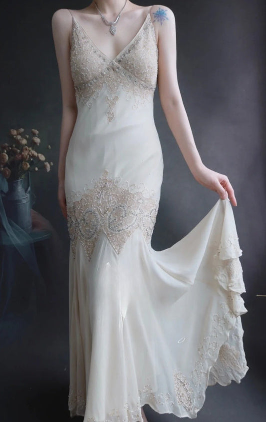 Elegant V-neck Mermaid Long Prom Dresses Beaded Chiffon Evening Dresses EP04789