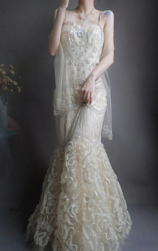 Elegant Spaghetti Strap Mermaid Long Prom Dresses Beaded Tulle Sequin Evening Dresses EP04790