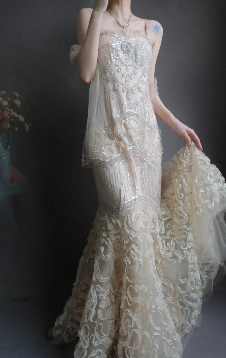 Elegant Spaghetti Strap Mermaid Long Prom Dresses Beaded Tulle Sequin Evening Dresses EP04790